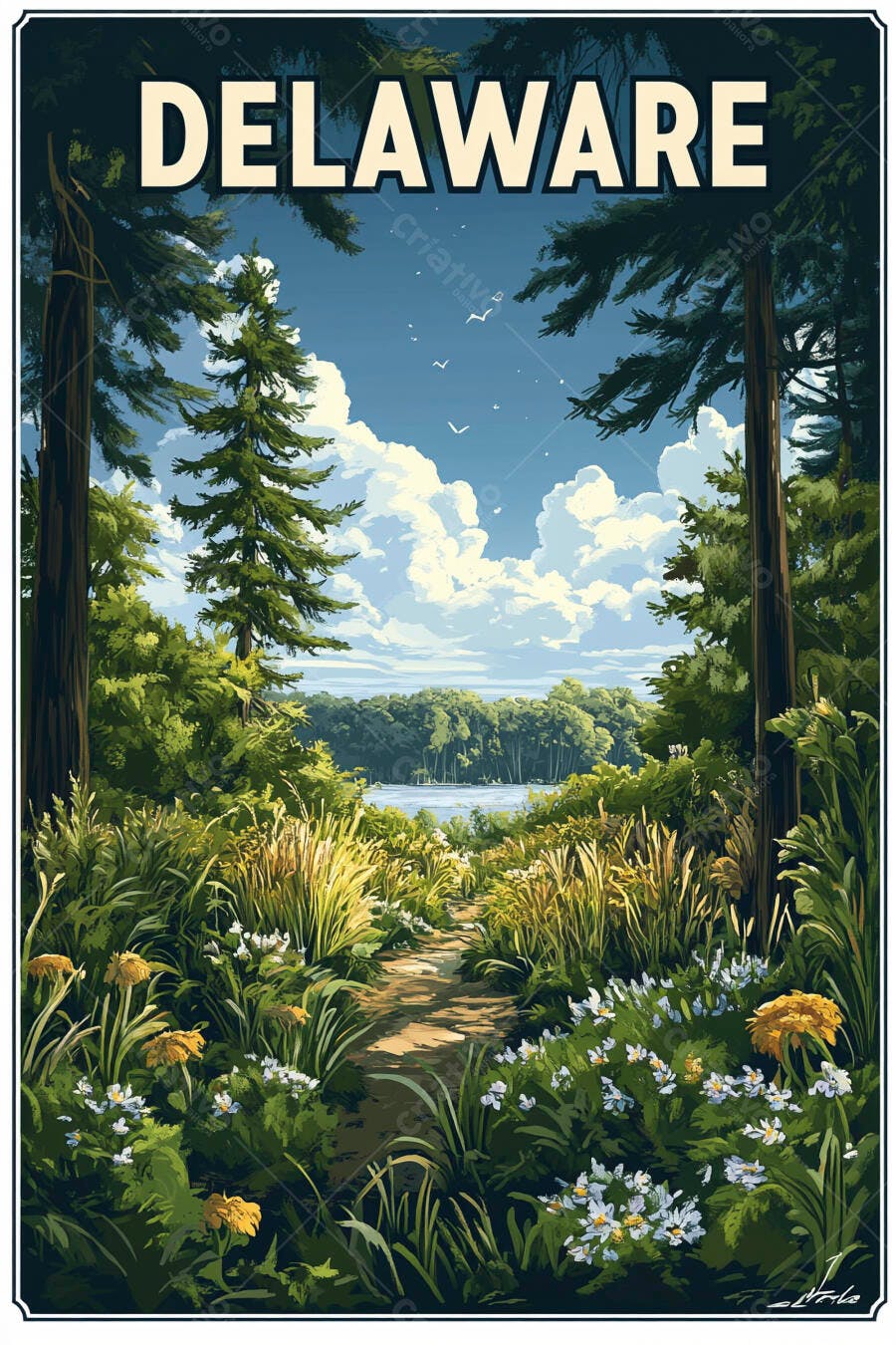Paisagem de Delaware caminho na floresta verde com lago e céu azul