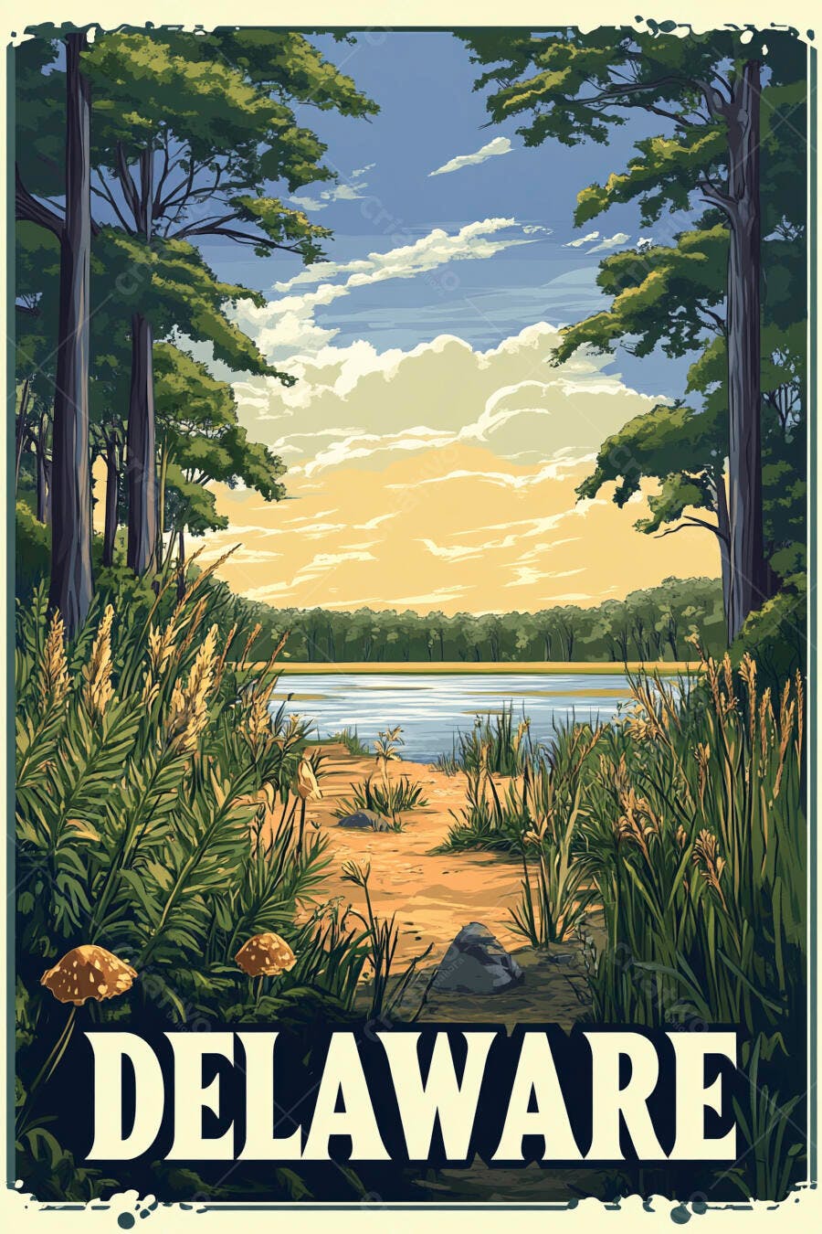 Ilustração de paisagem natural em Delaware com lago e floresta ao entardecer