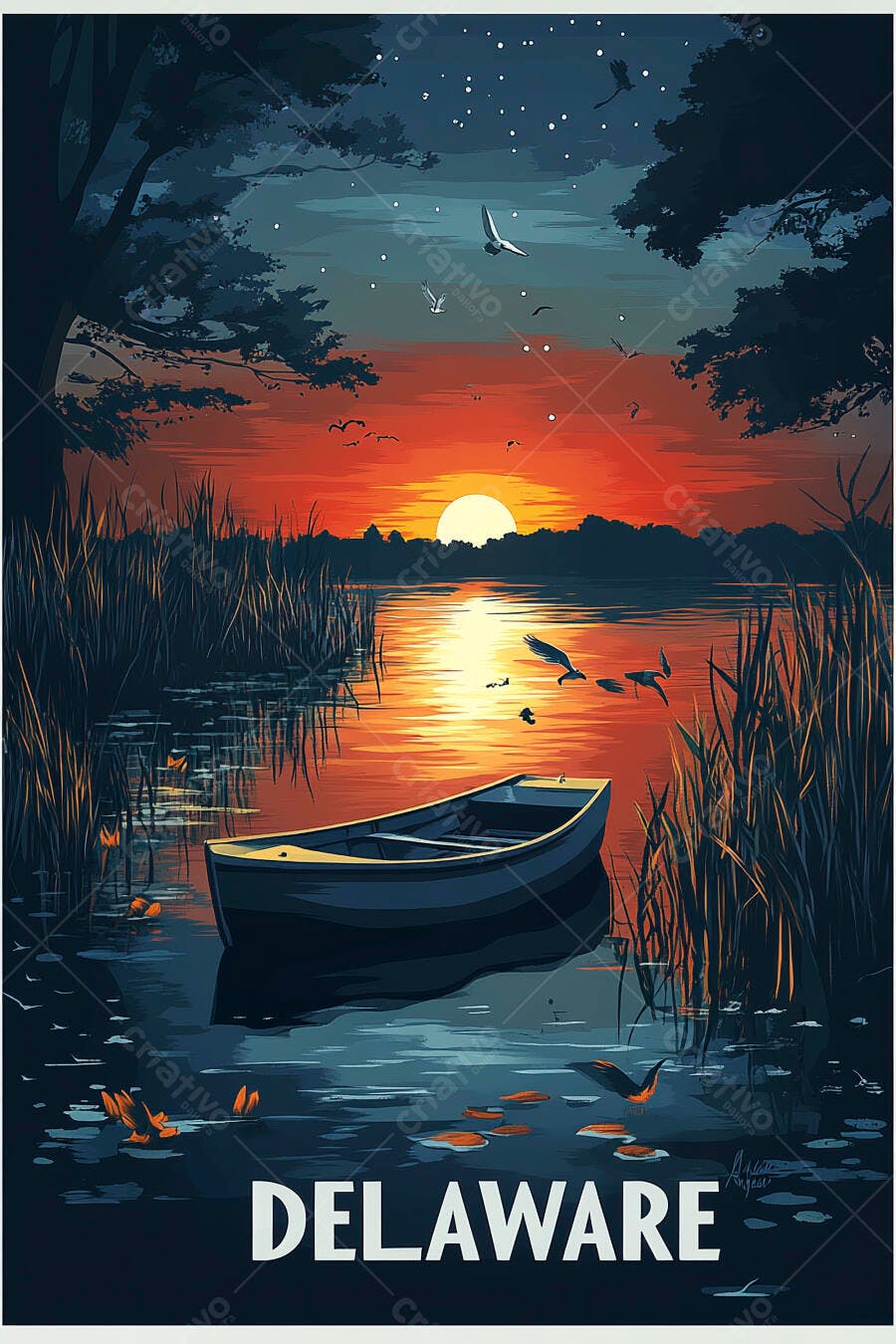 Ilustração pôr do sol vibrante em pântano com barco e aves Delaware