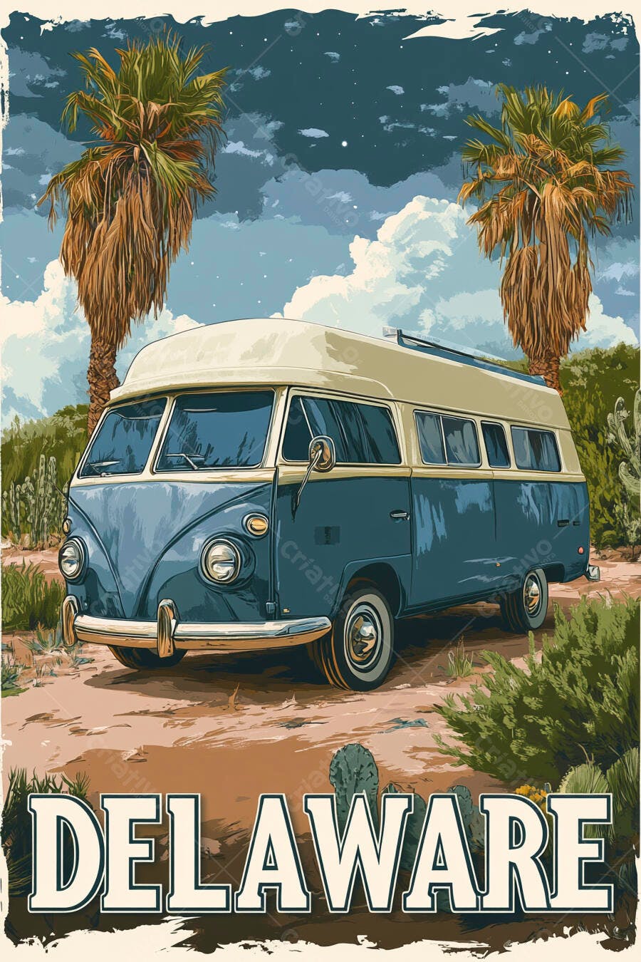 Kombi vintage azul e bege em paisagem desértica com palmeiras pôster Delaware