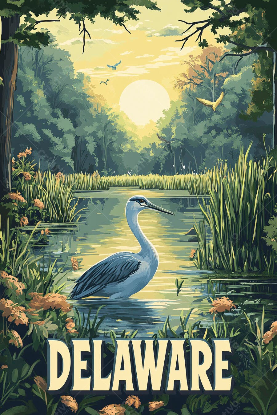 Garça azul cinza em lagoa de pântano verde ao amanhecer Delaware