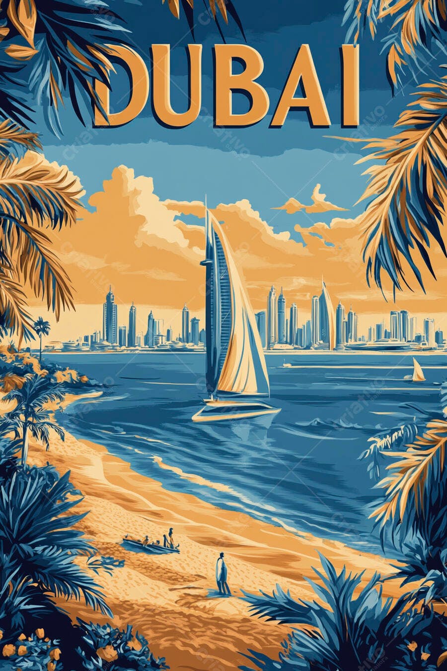 Dubai ilustração com veleiro e arranha-céus na praia dourada