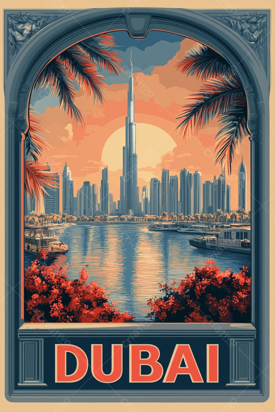 Dubai pôster vintage com Burj Khalifa paisagem urbana rio e palmeiras ao entardecer