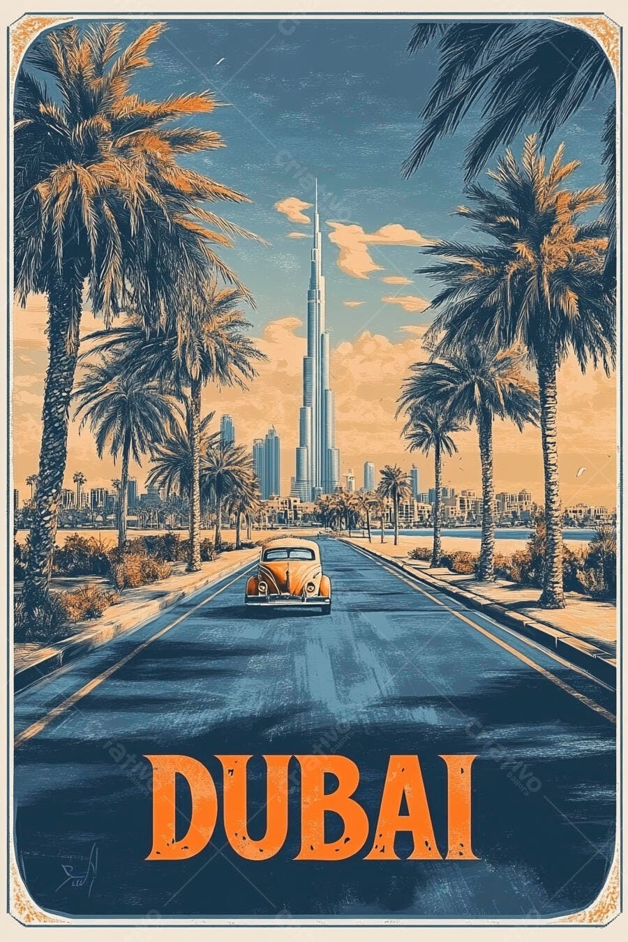 Carro vintage laranja em Dubai com Burj Khalifa e palmeiras poster retro