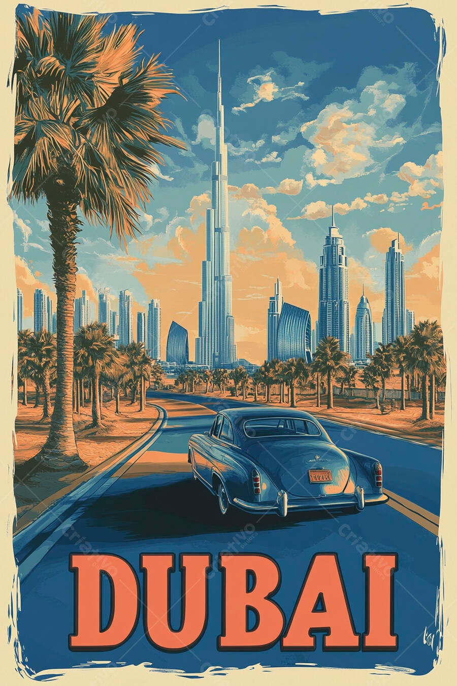 Dubai paisagem urbana com carro clássico e palmeiras ao entardecer