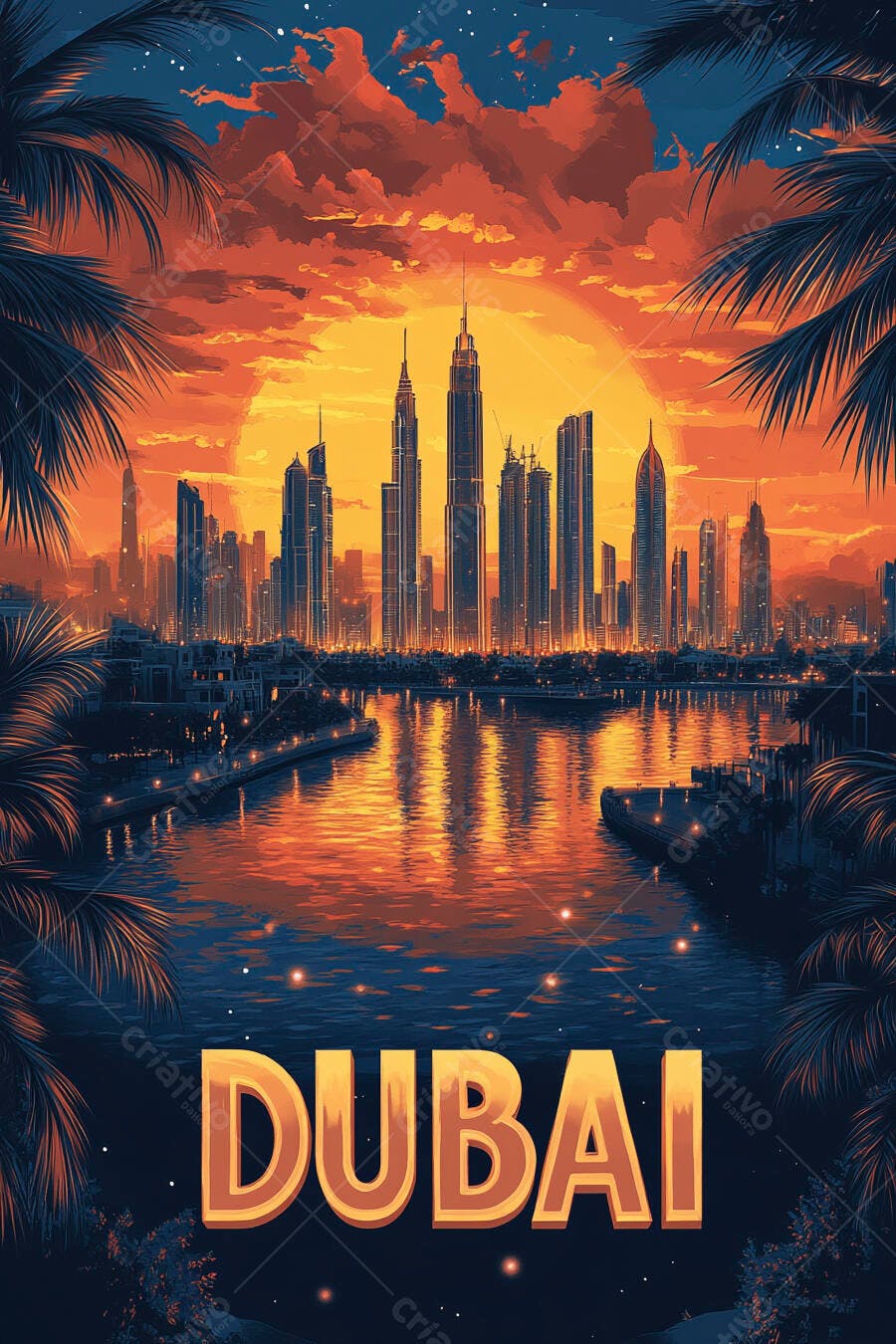 Dubai pôr do sol vibrante arranha-céus e palmeiras refletidos na água