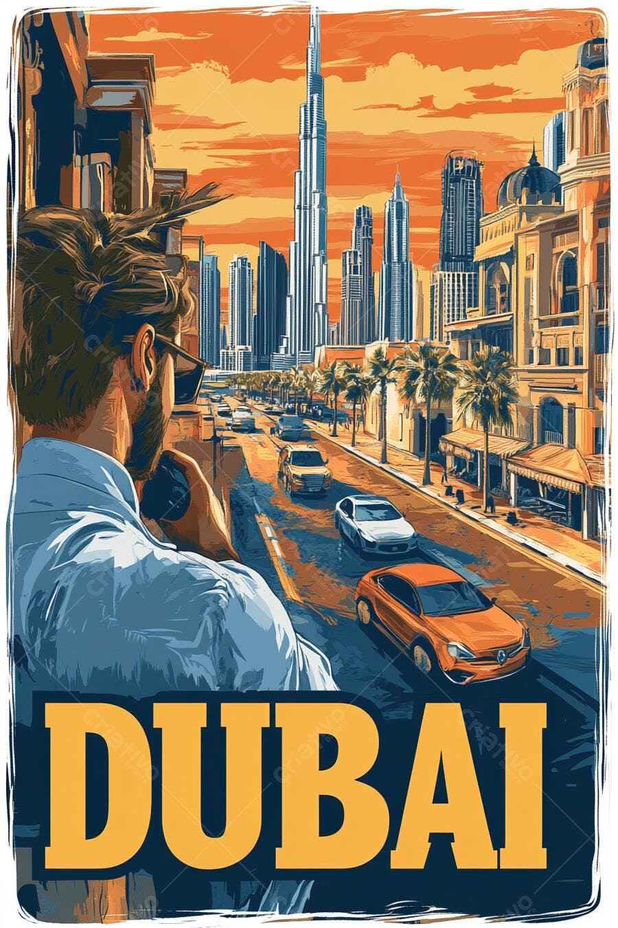 Homem turista de camisa azul observando Dubai ao pôr do sol com Burj Khalifa