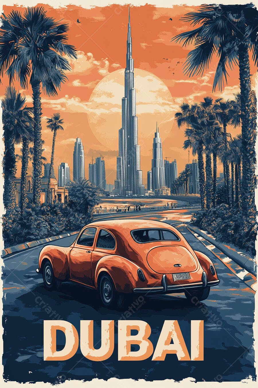 Carro vintage laranja em Dubai com Burj Khalifa e palmeiras ao pôr do sol
