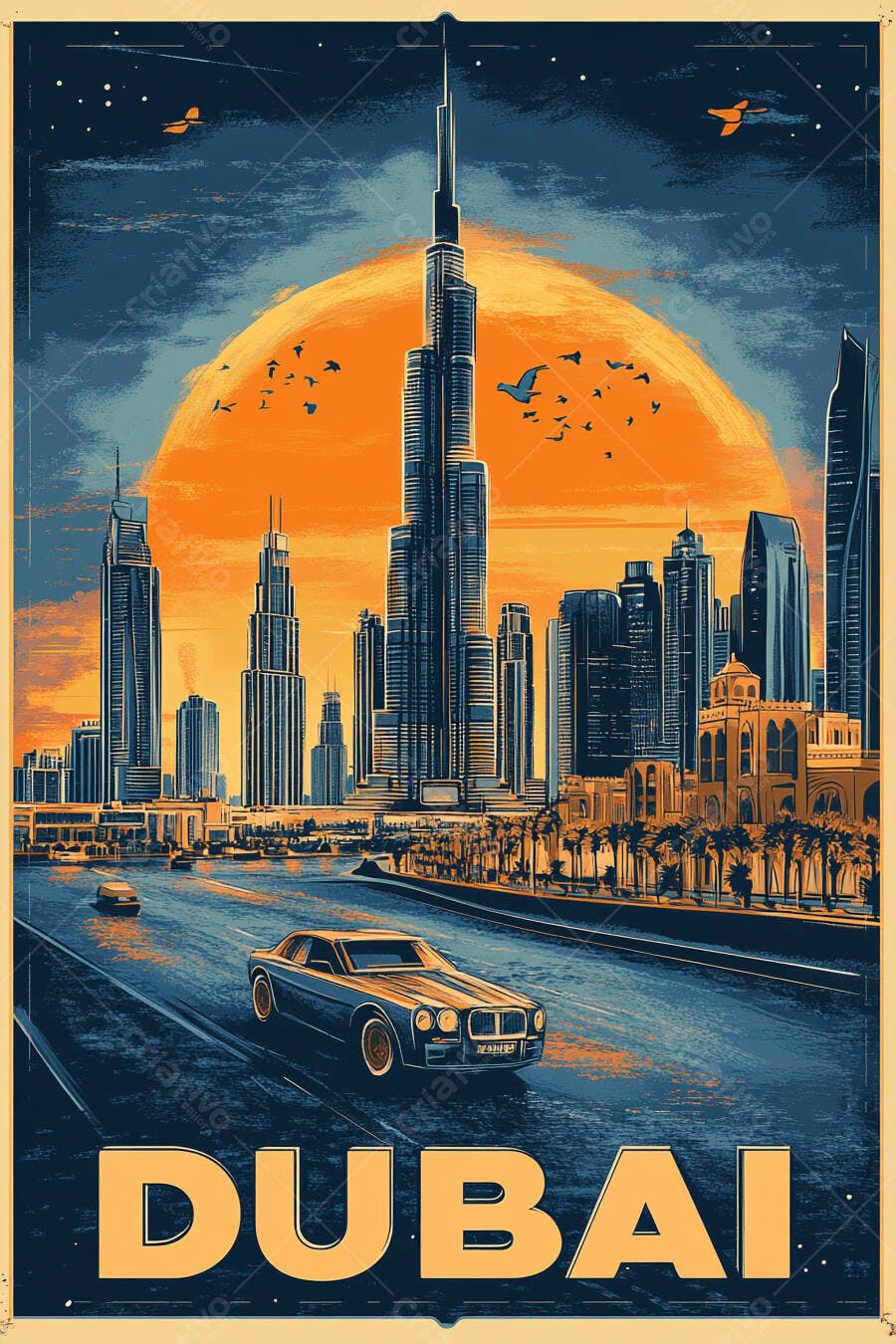Dubai pôr do sol urbano com arranha-céus e carro vintage