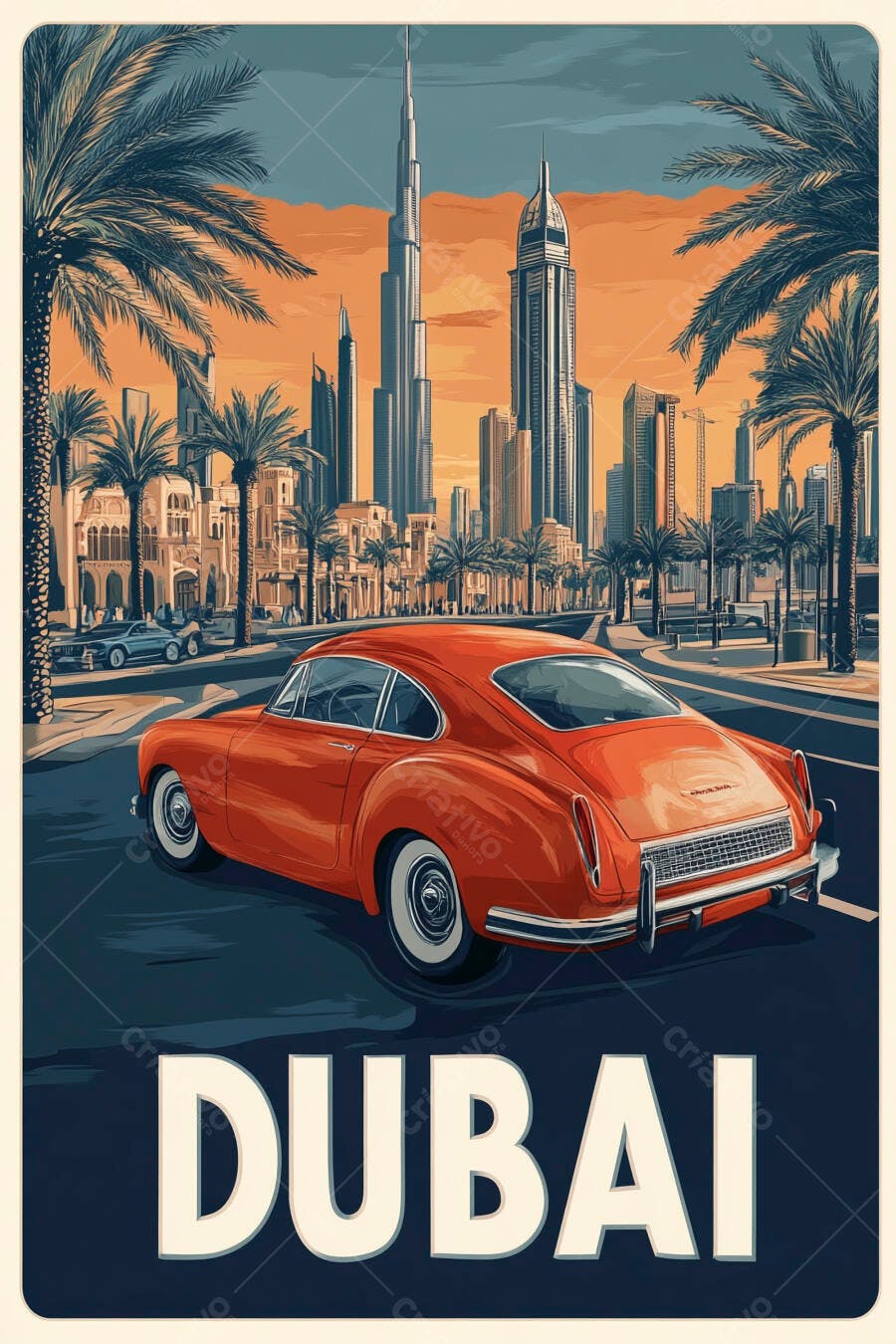Carro esportivo vintage laranja em Dubai ao pôr do sol