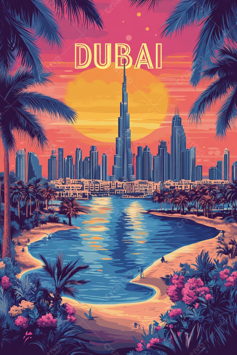 Dubai paisagem urbana pôr do sol vibrante com arranha-céus e palmeiras