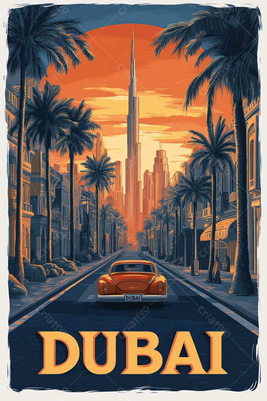 Carro clássico laranja em rua de Dubai com Burj Khalifa ao pôr do sol