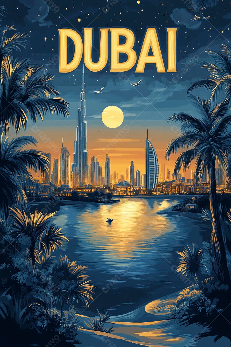Dubai arranha-céus icônicos palmeiras e água ao pôr do sol dourado