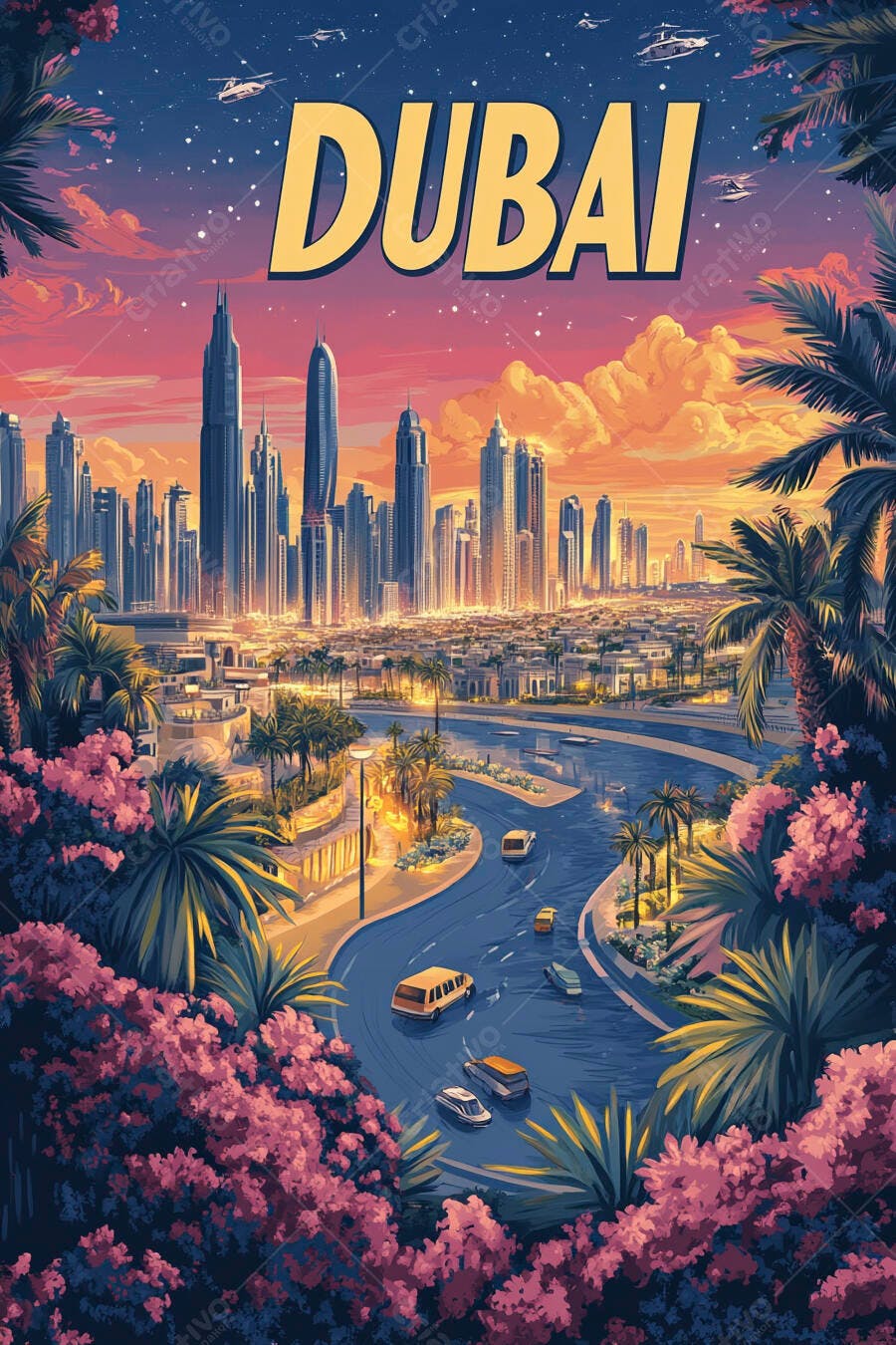 Dubai ilustração de cidade moderna ao pôr do sol com palmeiras e carros