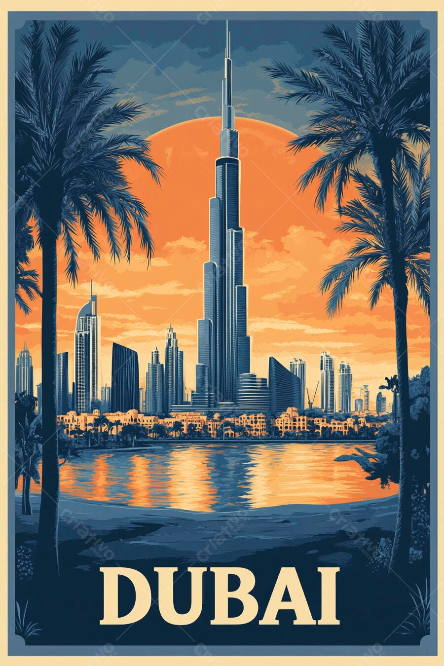 Dubai pôster vintage com Burj Khalifa e palmeiras ao pôr do sol