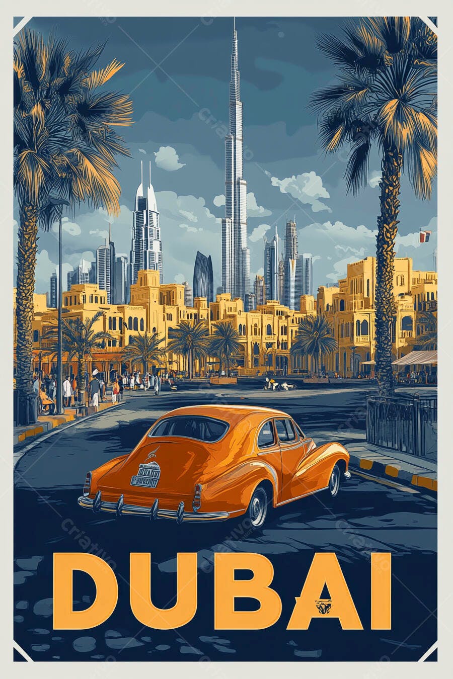 Carro vintage laranja em rua de Dubai com Burj Khalifa e palmeiras