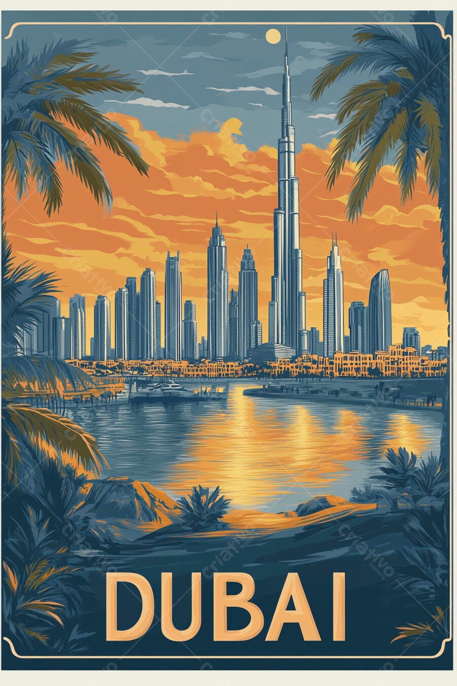 Dubai cidade ao pôr do sol com Burj Khalifa e palmeiras ilustração