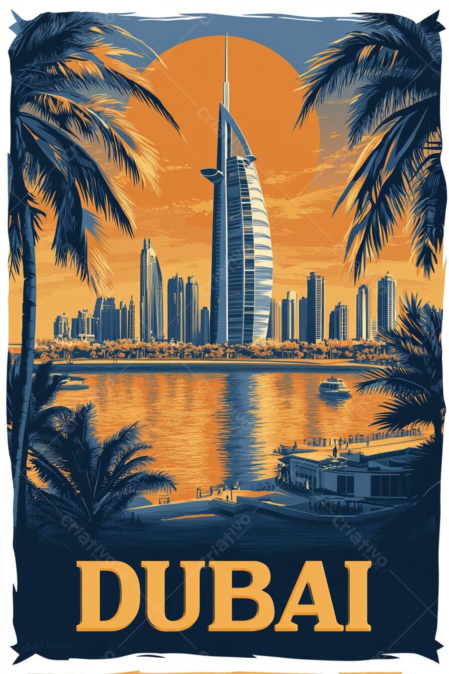 Dubai Burj Al Arab pôr do sol laranja palmeiras e cidade à beira-mar