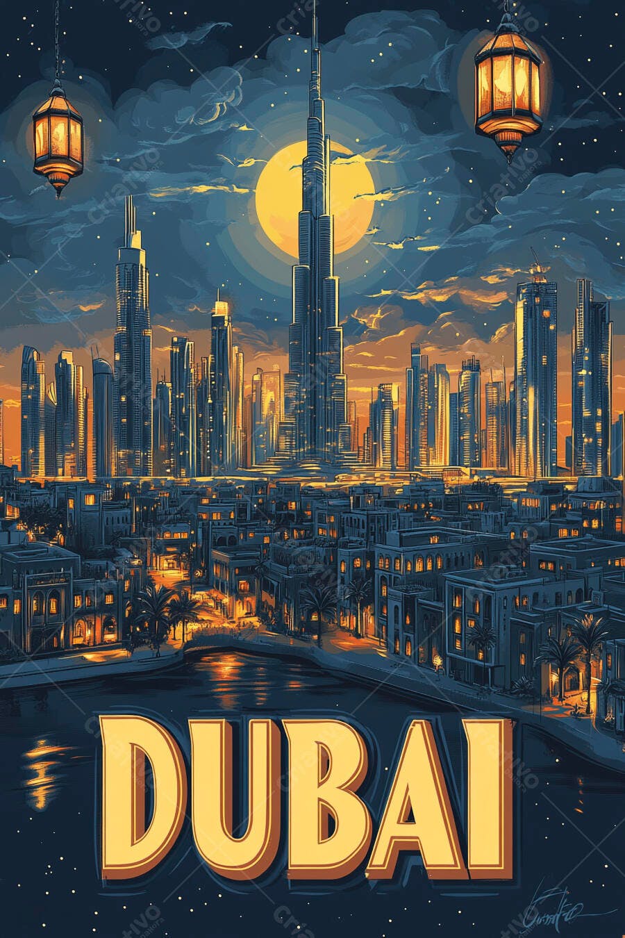 Dubai paisagem urbana noturna com Burj Khalifa e lua cheia ilustração