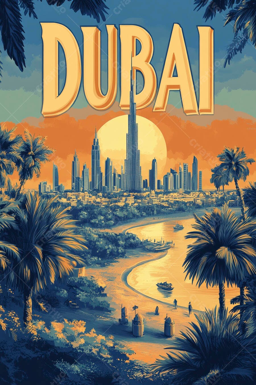Dubai pôster vintage cidade moderna com palmeiras e Burj Khalifa ao entardecer