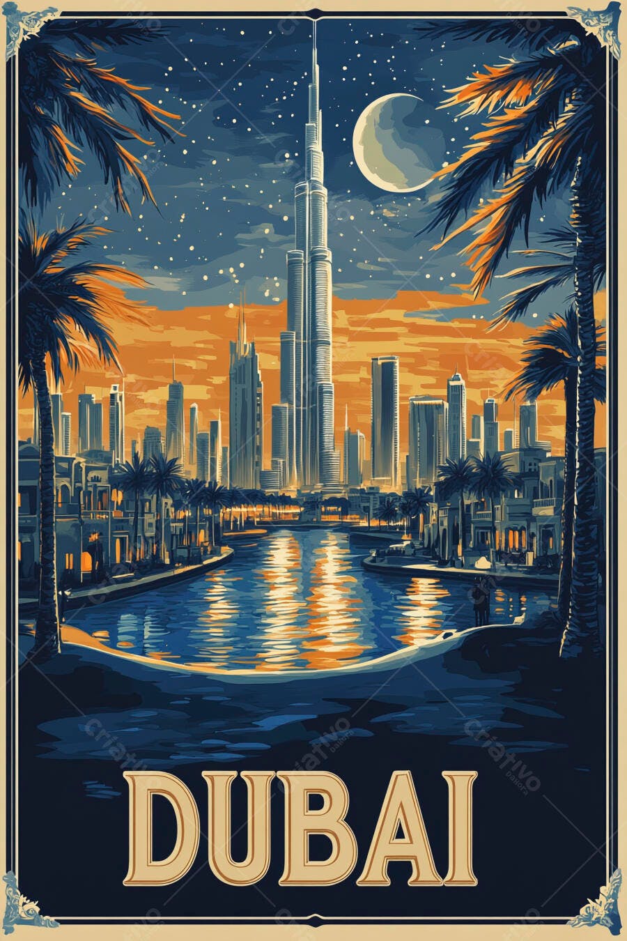 Dubai Burj Khalifa vista noturna com palmeiras e canal na luz laranja e azul