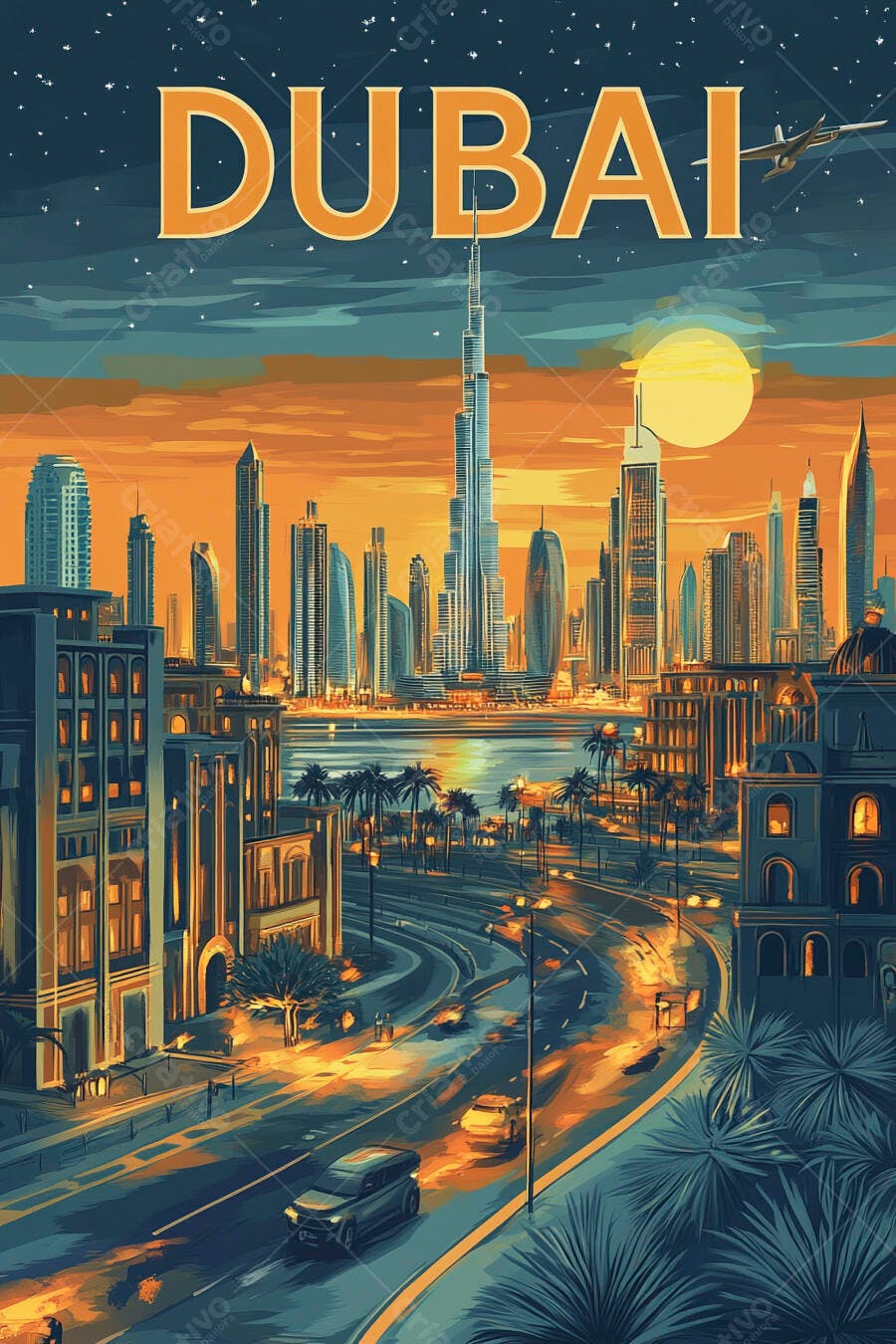 Dubai paisagem urbana ao entardecer com Burj Khalifa e tráfego