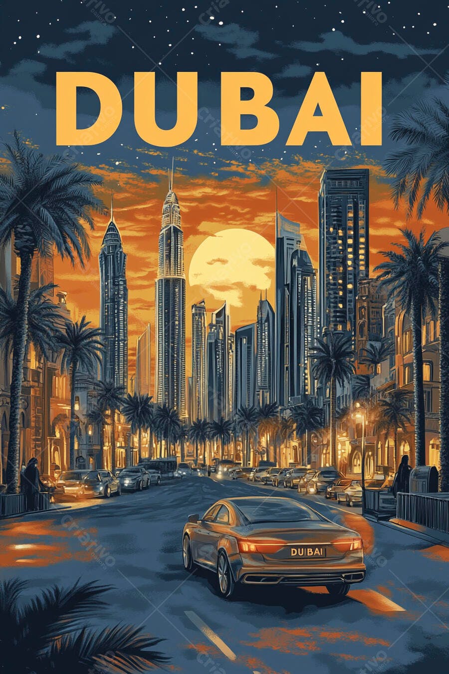Dubai paisagem urbana ao pôr do sol com carros e palmeiras