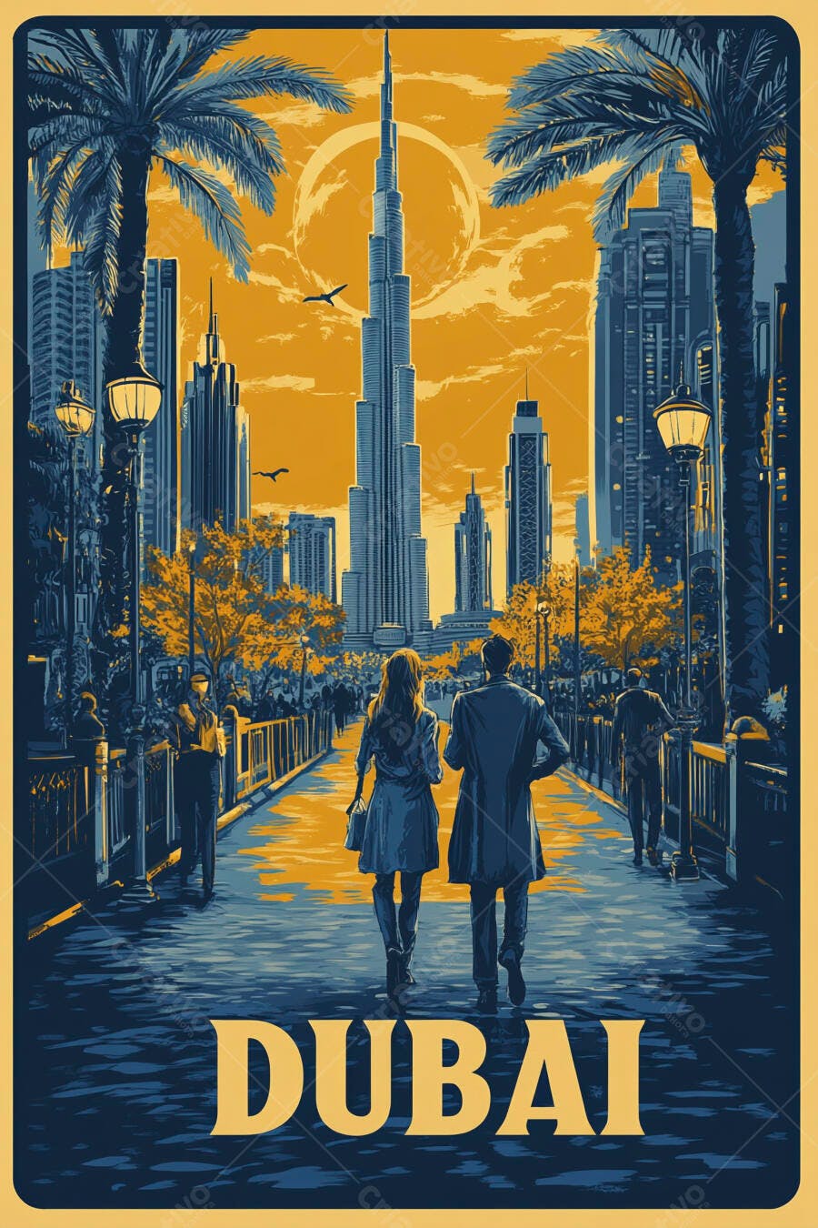 Casal em Dubai pôster vintage com Burj Khalifa cores azul laranja