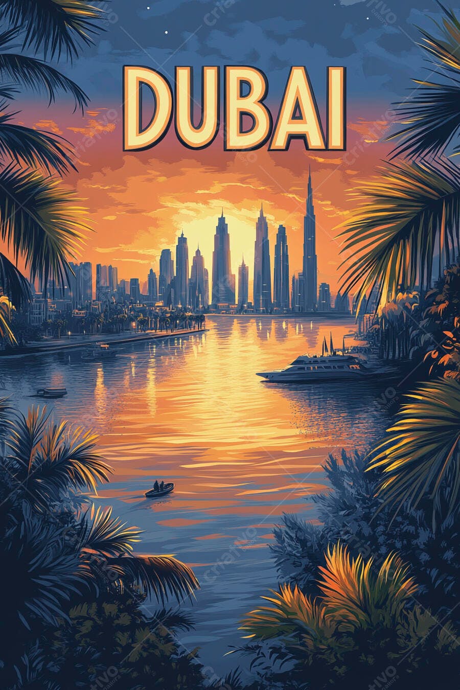 Dubai pôr do sol com horizonte de arranha-céus, rio e palmeiras ilustração