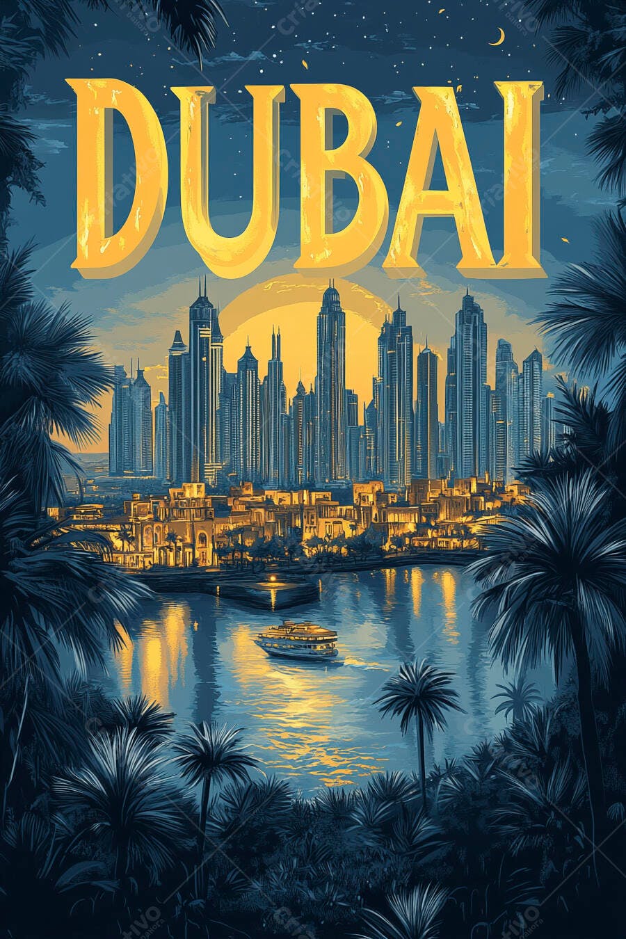 Dubai paisagem ilustrada com arranha-céus e palmeiras ao entardecer