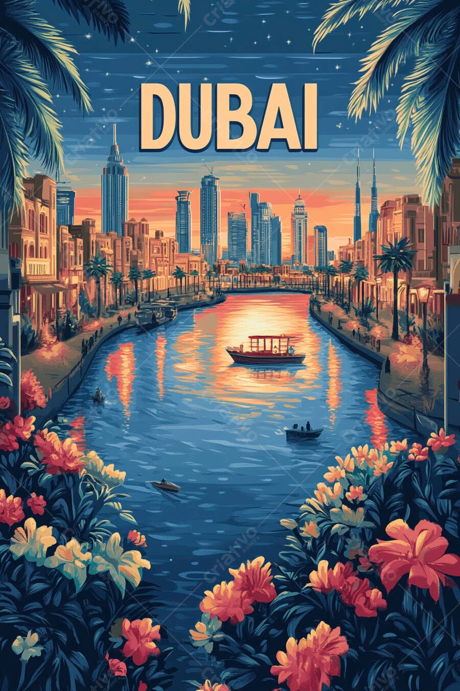 Ilustração cidade Dubai com canal e pôr do sol colorido