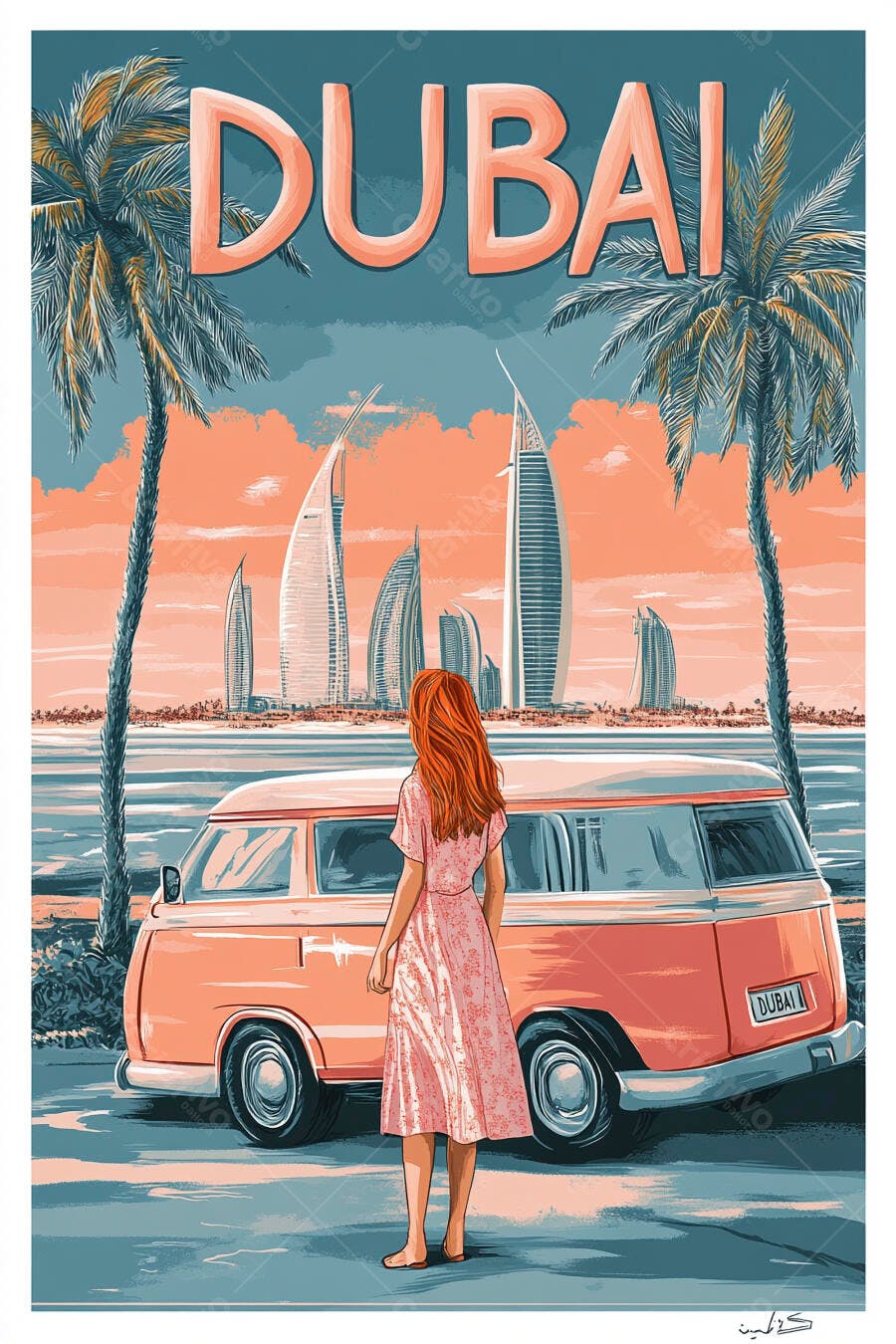 Mulher ruiva em vestido rosa e van vintage admirando o skyline de Dubai ao entardecer