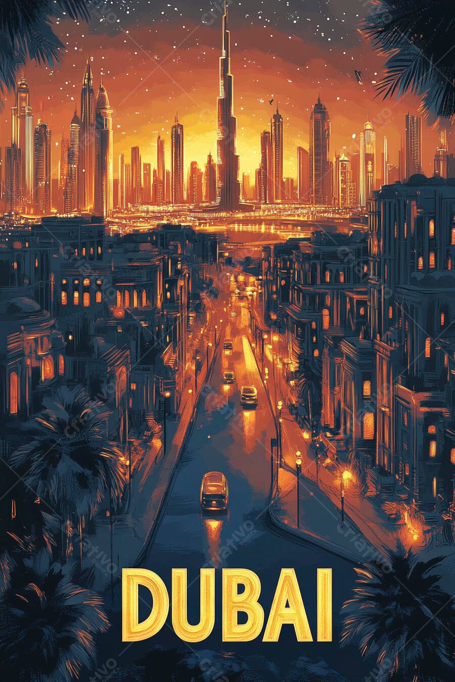 Cidade de Dubai iluminada ao anoitecer com arranha-céus e Burj Khalifa