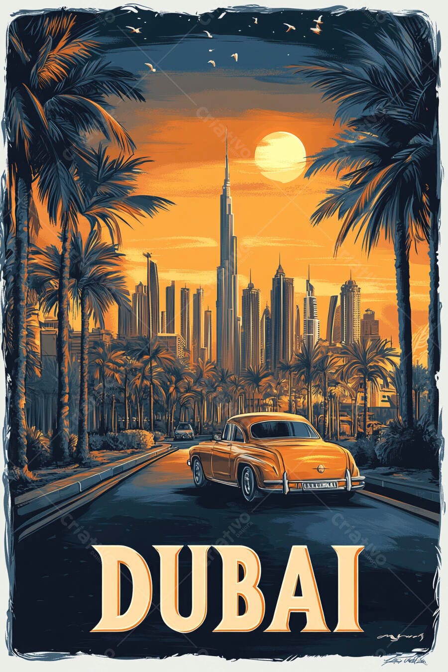 Carro vintage laranja em rua de Dubai com palmeiras e pôr do sol arte retro