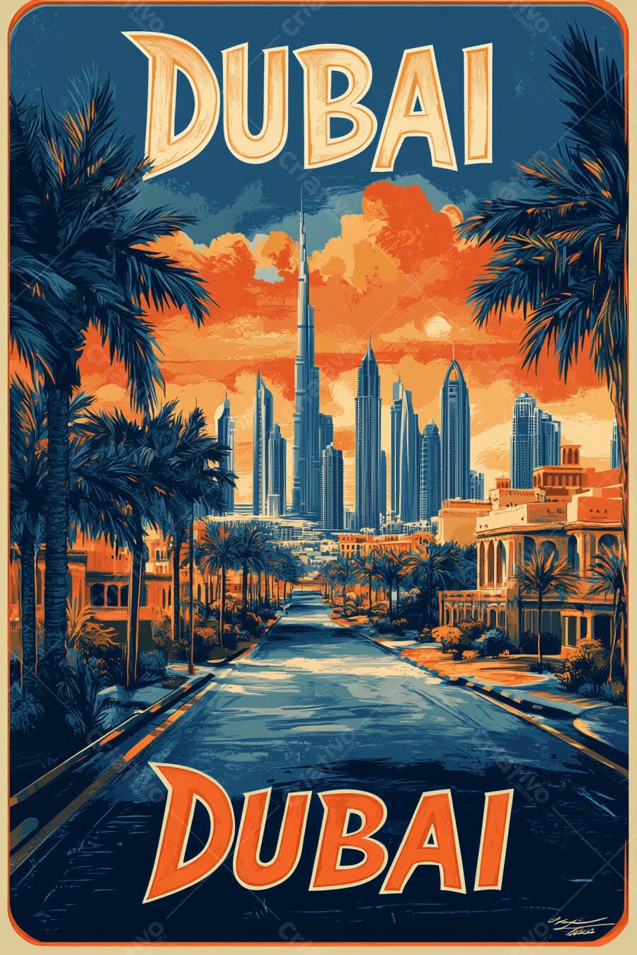 Dubai poster viagem retrô com arranha-céus e palmeiras ao entardecer