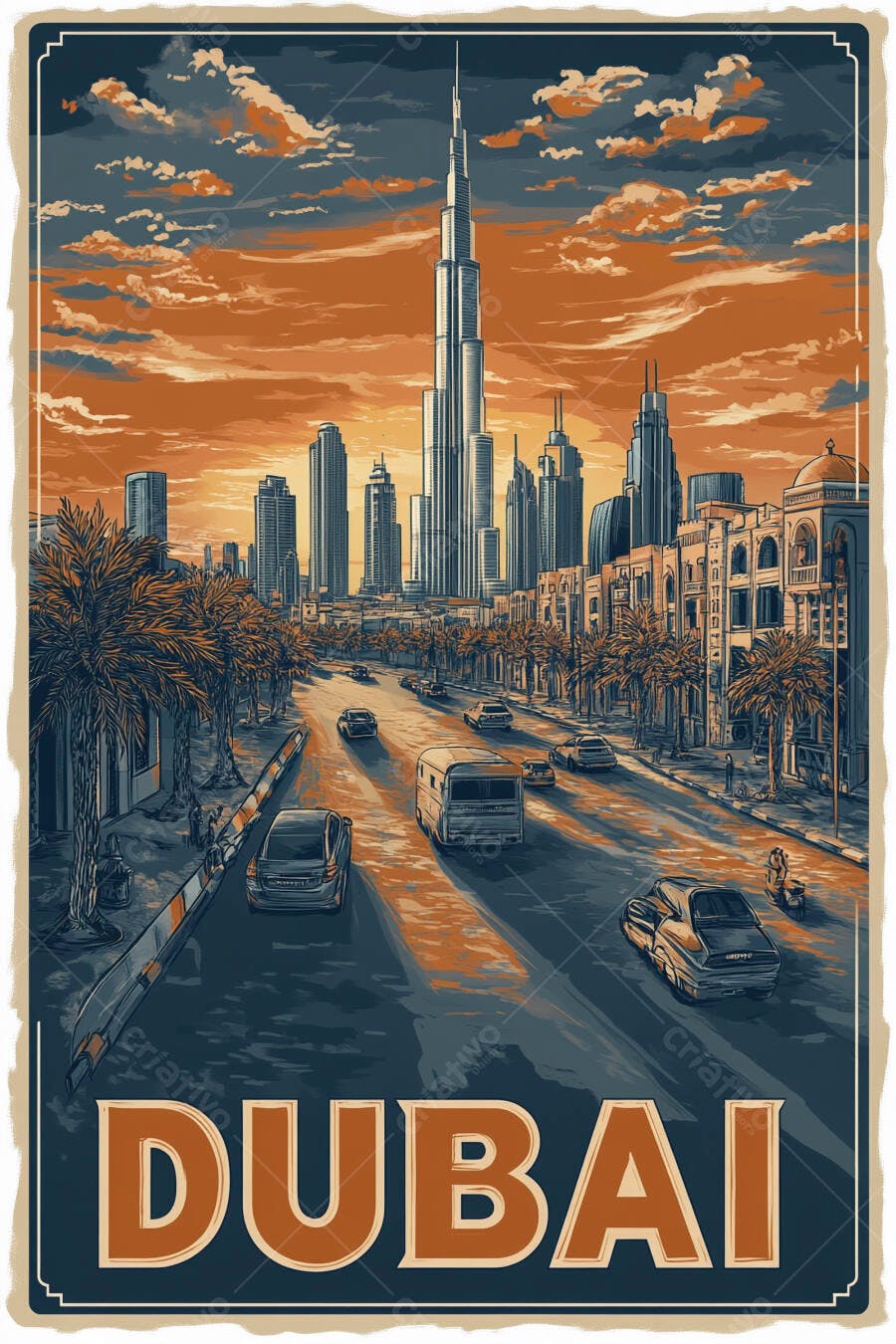 Dubai pôr do sol urbano com Burj Khalifa e carros na rua