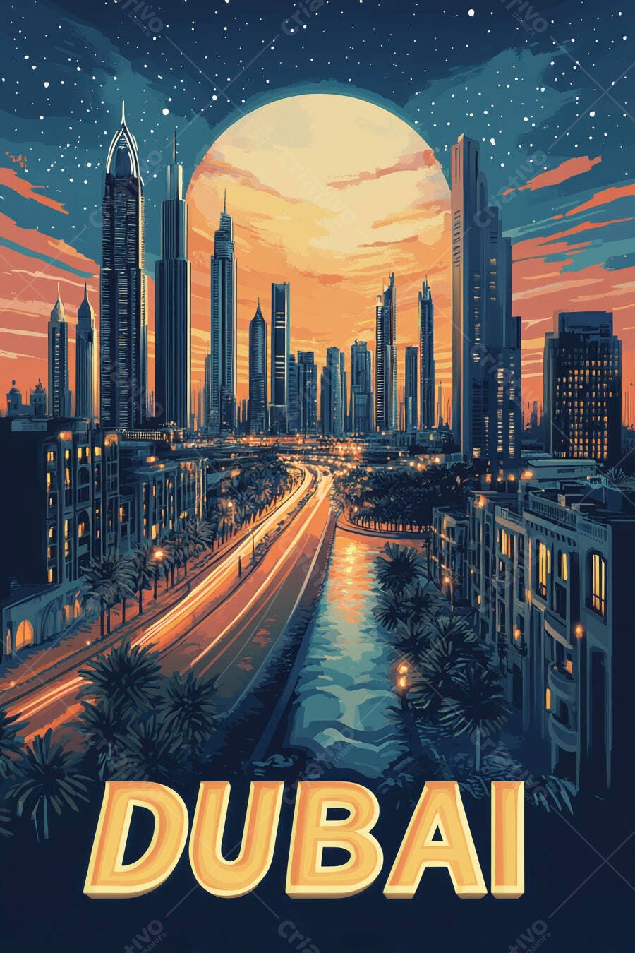 Dubai skyline noturno com arranha-céus modernos e lua cheia laranja