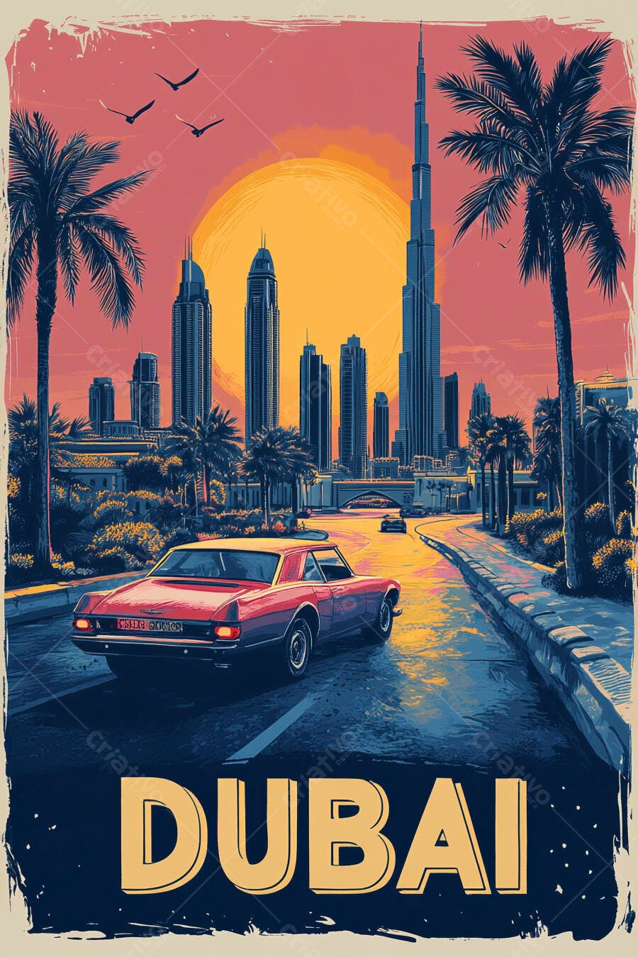 Carro vintage vermelho em Dubai ao pôr do sol com Burj Khalifa