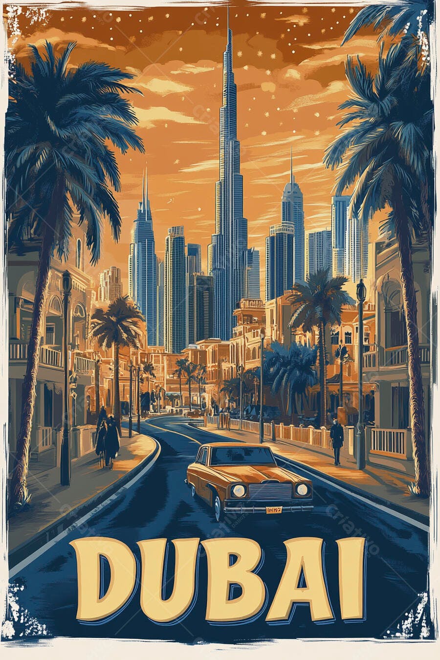 Dubai cidade arranha-céus palmeiras carro vintage entardecer poster