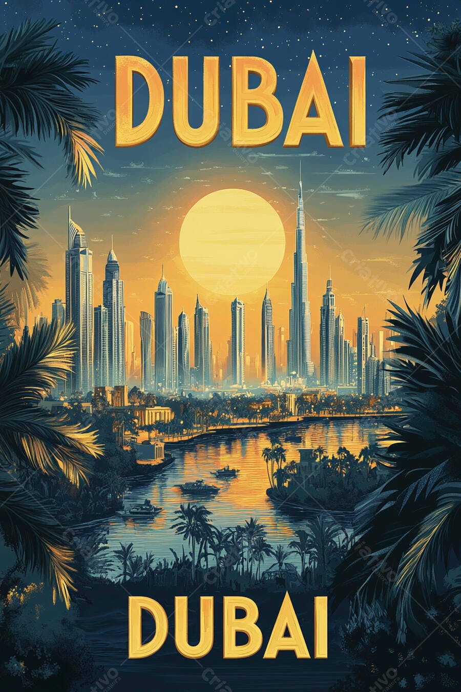 Dubai horizonte urbano ao anoitecer com palmeiras e sol grande ilustração