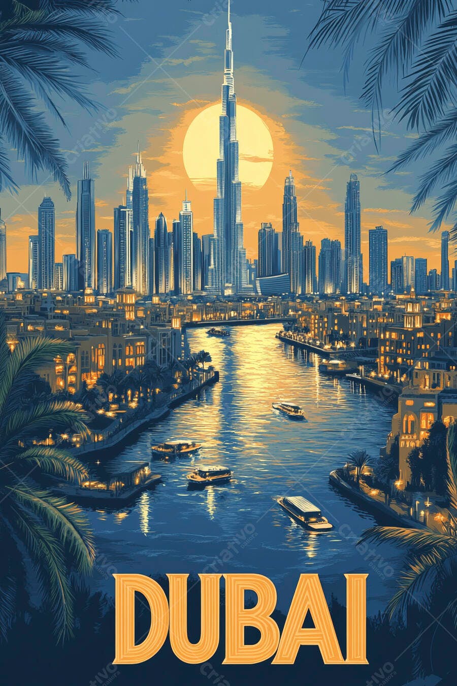 Dubai cidade com Burj Khalifa ao pôr do sol colorido e barcos no canal