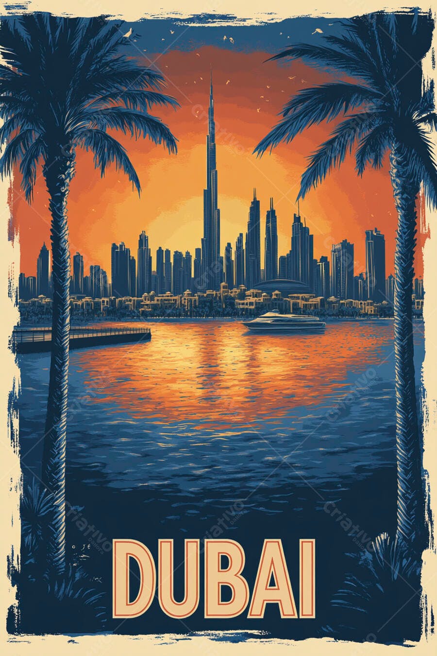 Dubai paisagem urbana com Burj Khalifa ao pôr do sol e palmeiras