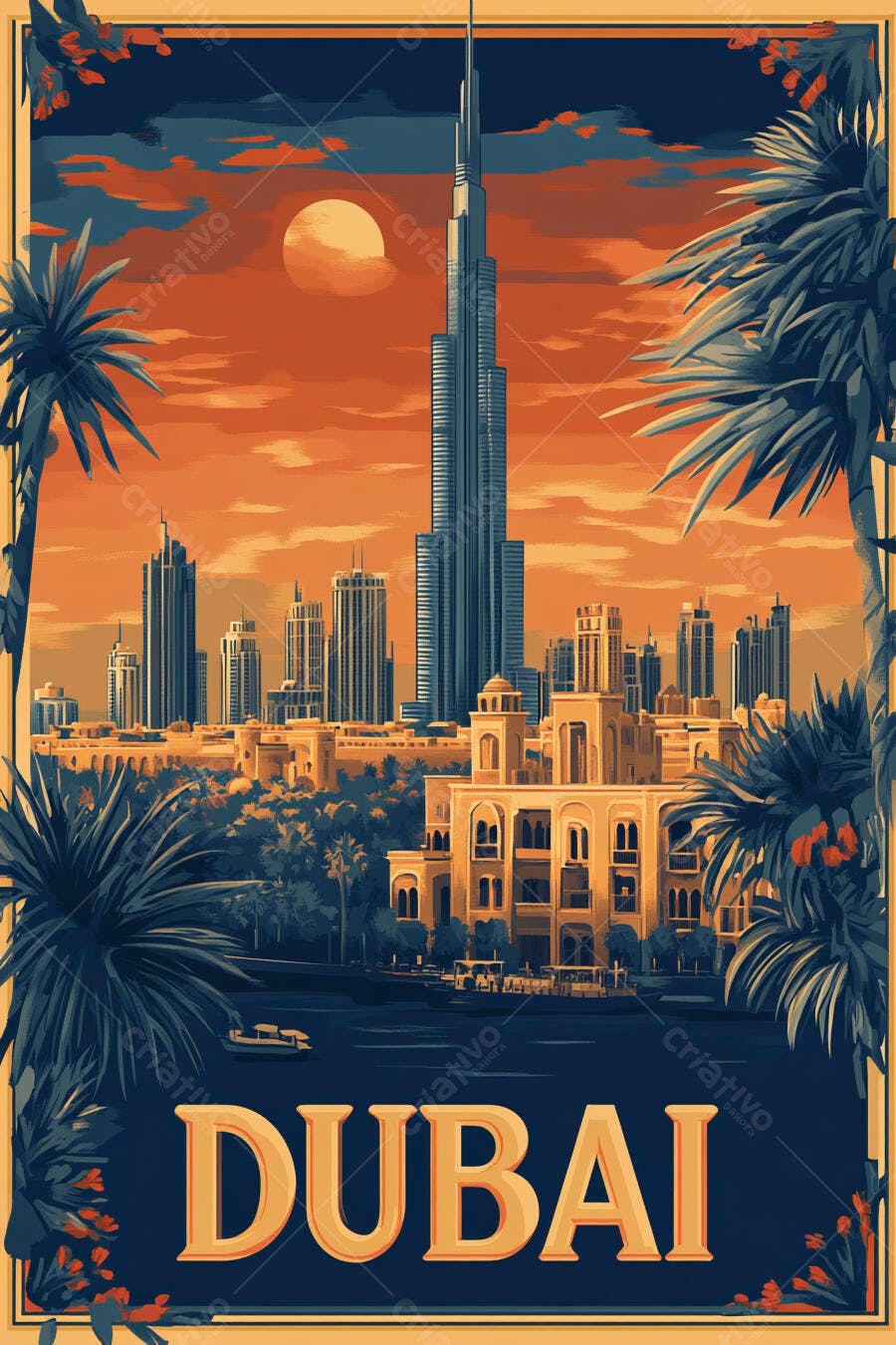 Dubai pôr do sol urbano Burj Khalifa palmeiras arquitetura dourada