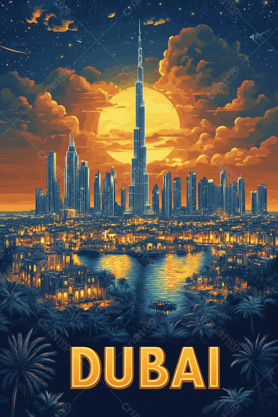 Dubai horizonte urbano noturno com Burj Khalifa e lua cheia laranja
