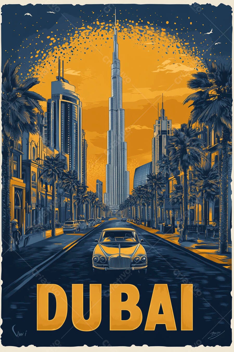 Dubai pôr do sol urbano com Burj Khalifa e carro clássico