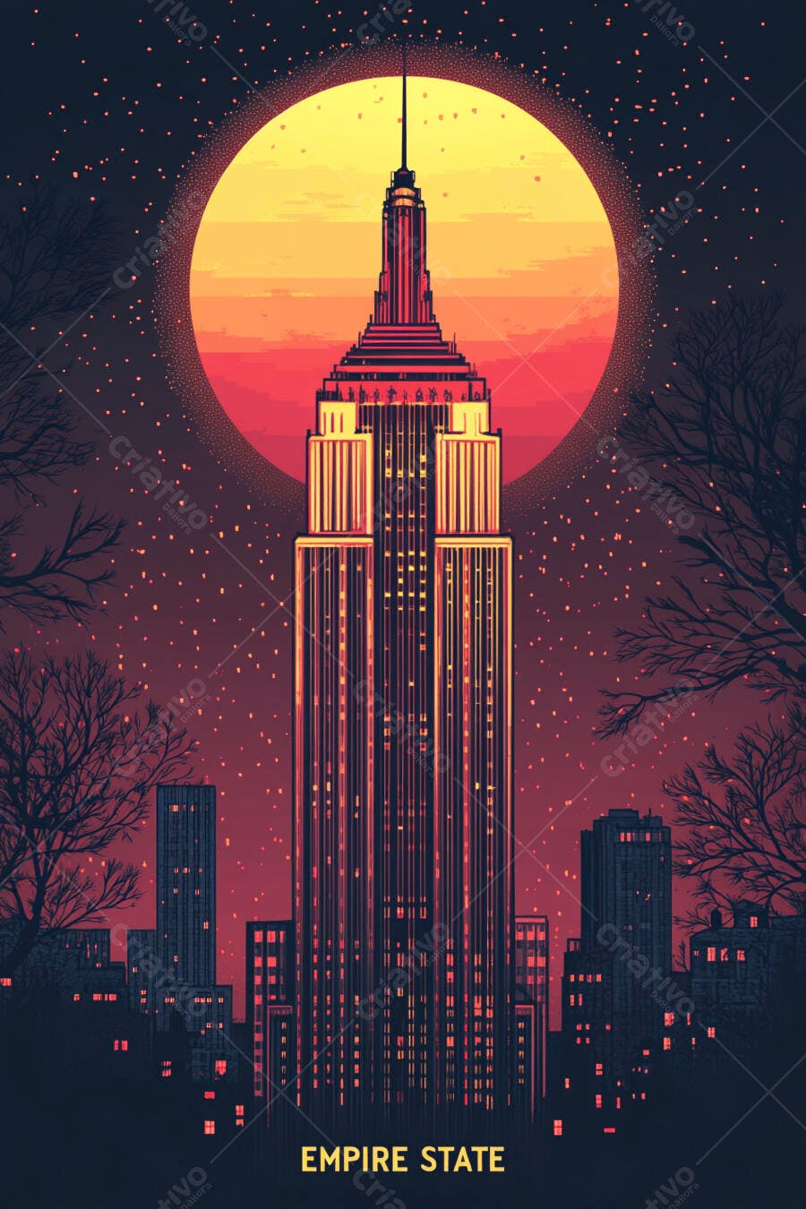 Empire State Building majestoso em noite vibrante com lua cheia vermelha sobre Nova York