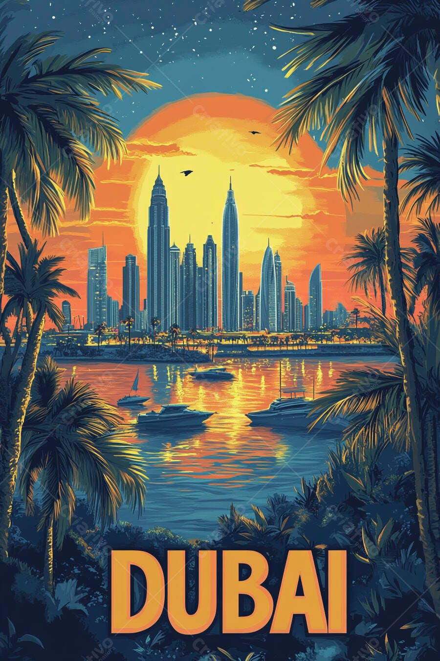 Dubai skyline pôr do sol com palmeiras barcos e texto DUBAI ilustração vibrante