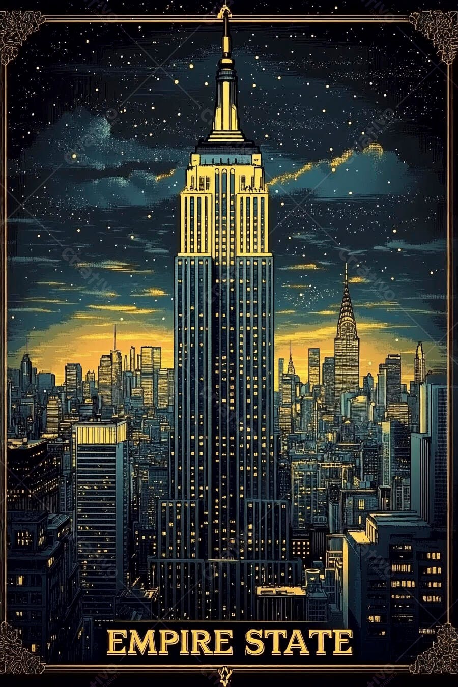 Empire State Building Nova York luzes douradas e céu noturno estrelado
