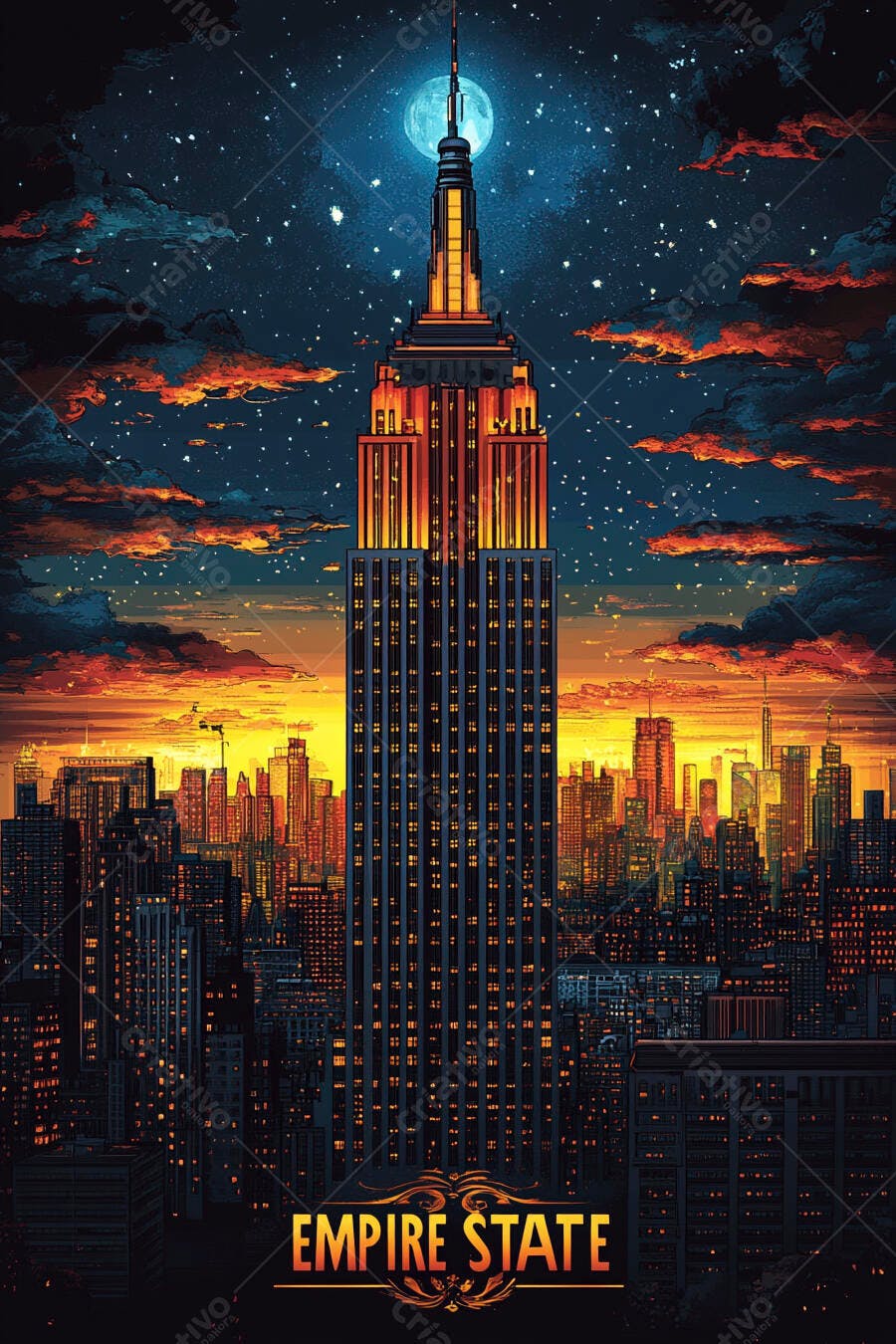 Edifício Empire State iluminado em Nova York ao anoitecer com lua cheia