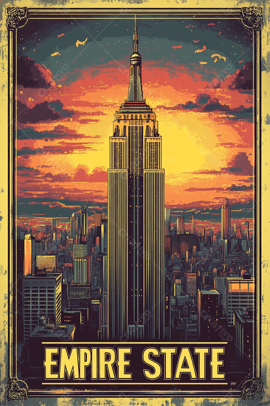 Empire State Building ilustração vibrante pôr do sol Nova Iorque poster vintage